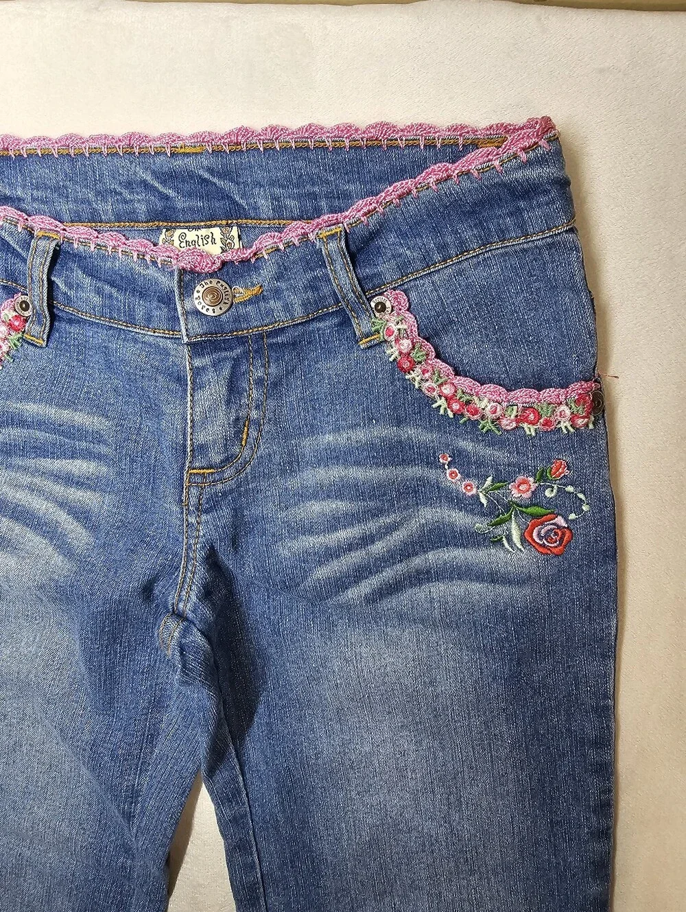 VTG 2004 The English Roses by Madonna Floral Crochet Flare Jeans Girls Size 10